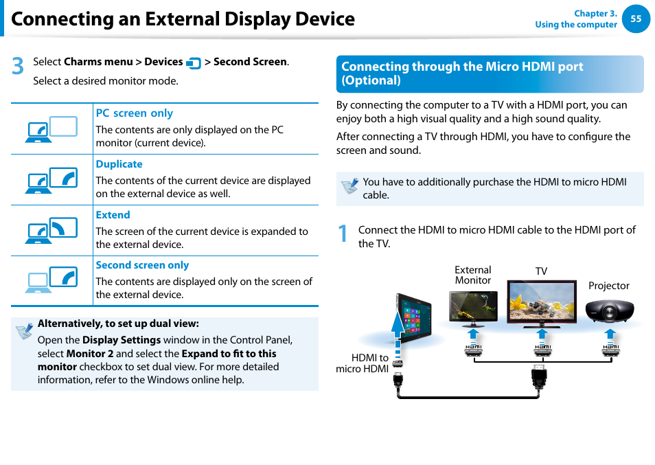 Connecting an external display device, Connecting through the micro hdmi port (optional) | Samsung XE700T1C-A04US User Manual | Page 56 / 147