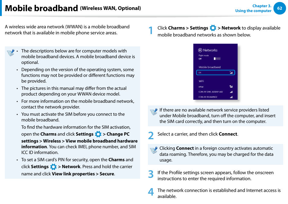 Mobile broadband (wireless wan, optional), Mobile broadband | Samsung XE700T1C-A04US User Manual | Page 63 / 147