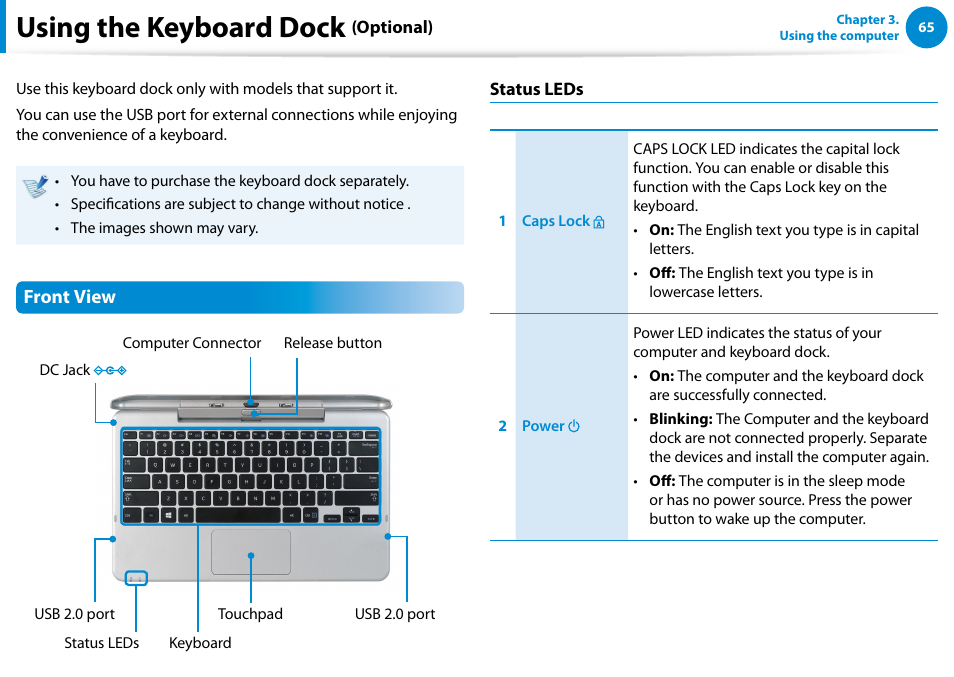 Using the keyboard dock (optional), Using the keyboard dock, Front view | Samsung XE700T1C-A04US User Manual | Page 66 / 147