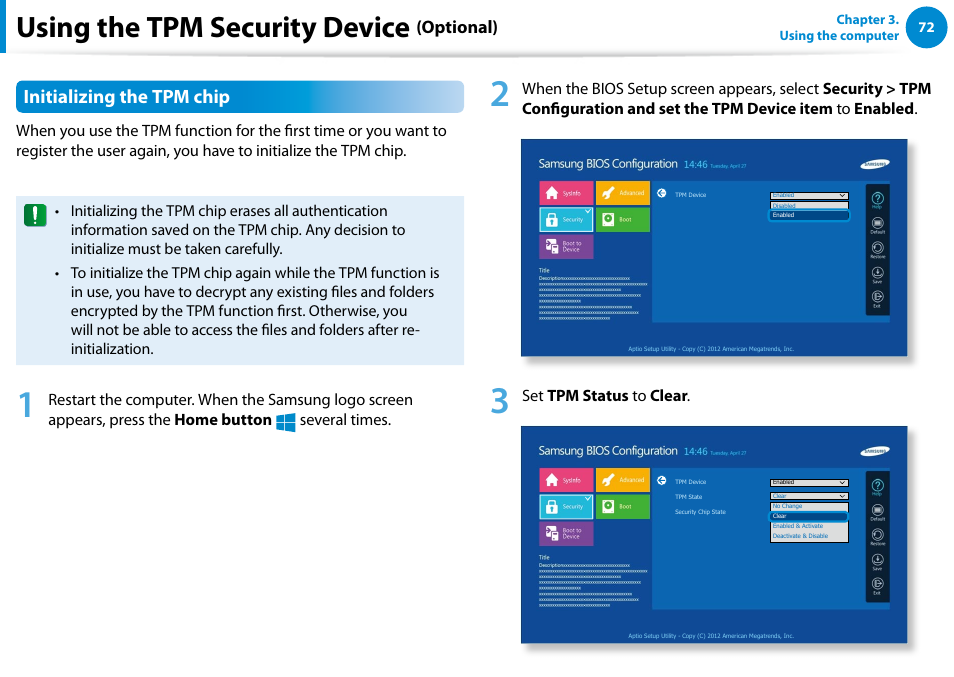 Using the tpm security device, Initializing the tpm chip, Optional) | Samsung XE700T1C-A04US User Manual | Page 73 / 147