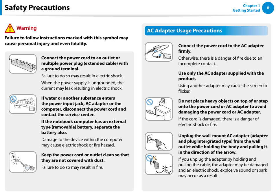 Safety precautions, Ac adapter usage precautions, Warning | Samsung XE700T1C-A04US User Manual | Page 9 / 147