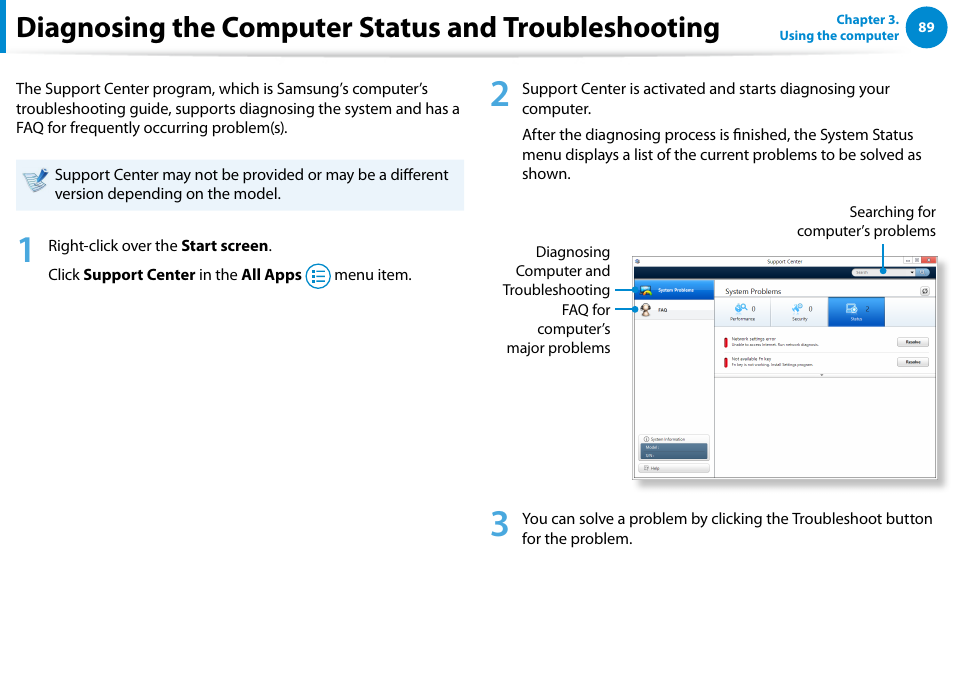 Diagnosing the computer status and troubleshooting, Diagnosing the computer status and, Troubleshooting | Samsung XE700T1C-A04US User Manual | Page 90 / 147