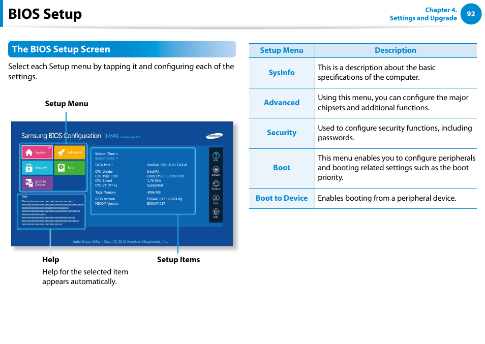 Bios setup, The bios setup screen | Samsung XE700T1C-A04US User Manual | Page 93 / 147