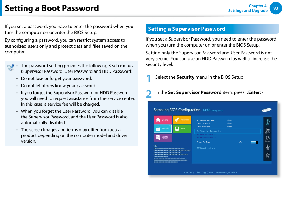 Setting a boot password, Setting a supervisor password | Samsung XE700T1C-A04US User Manual | Page 94 / 147