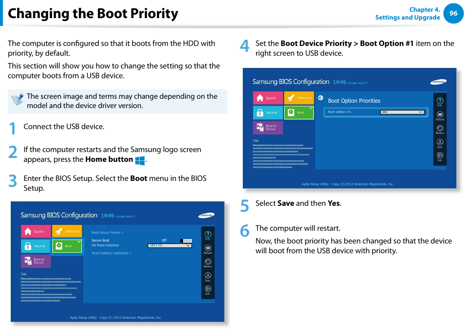 Changing the boot priority | Samsung XE700T1C-A04US User Manual | Page 97 / 147