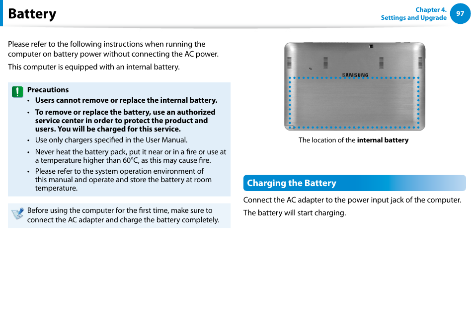 Battery, Charging the battery | Samsung XE700T1C-A04US User Manual | Page 98 / 147