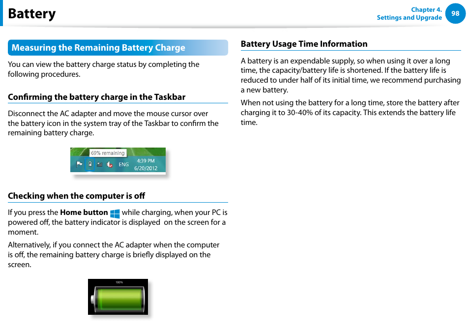 Battery, Measuring the remaining battery charge | Samsung XE700T1C-A04US User Manual | Page 99 / 147