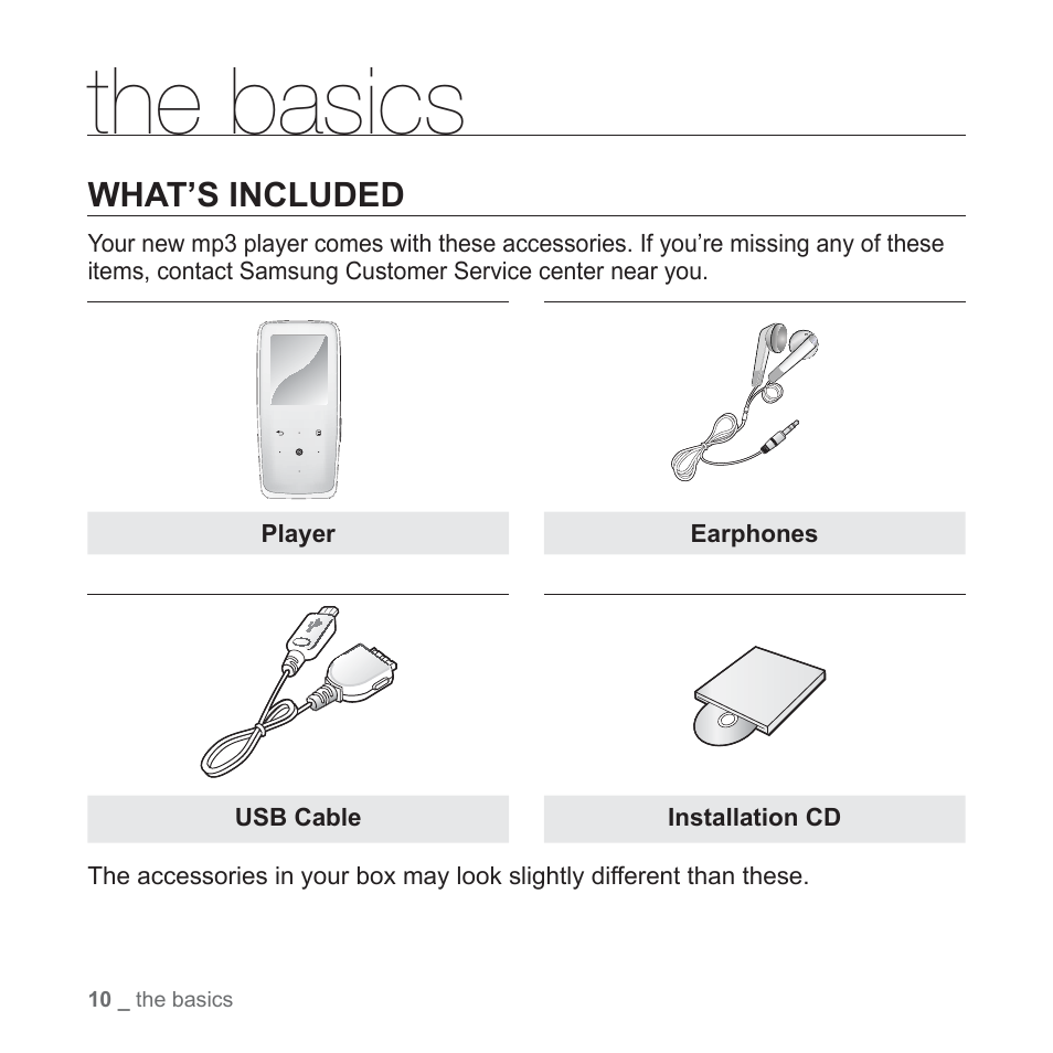 The basics, What’s included | Samsung YP-S3JARY-XAA User Manual | Page 10 / 92