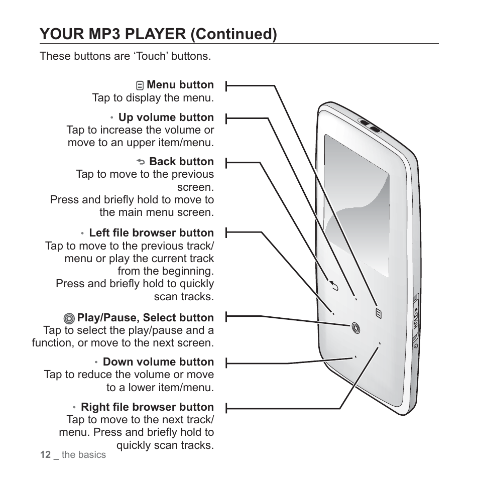 Your mp3 player (continued) | Samsung YP-S3JARY-XAA User Manual | Page 12 / 92