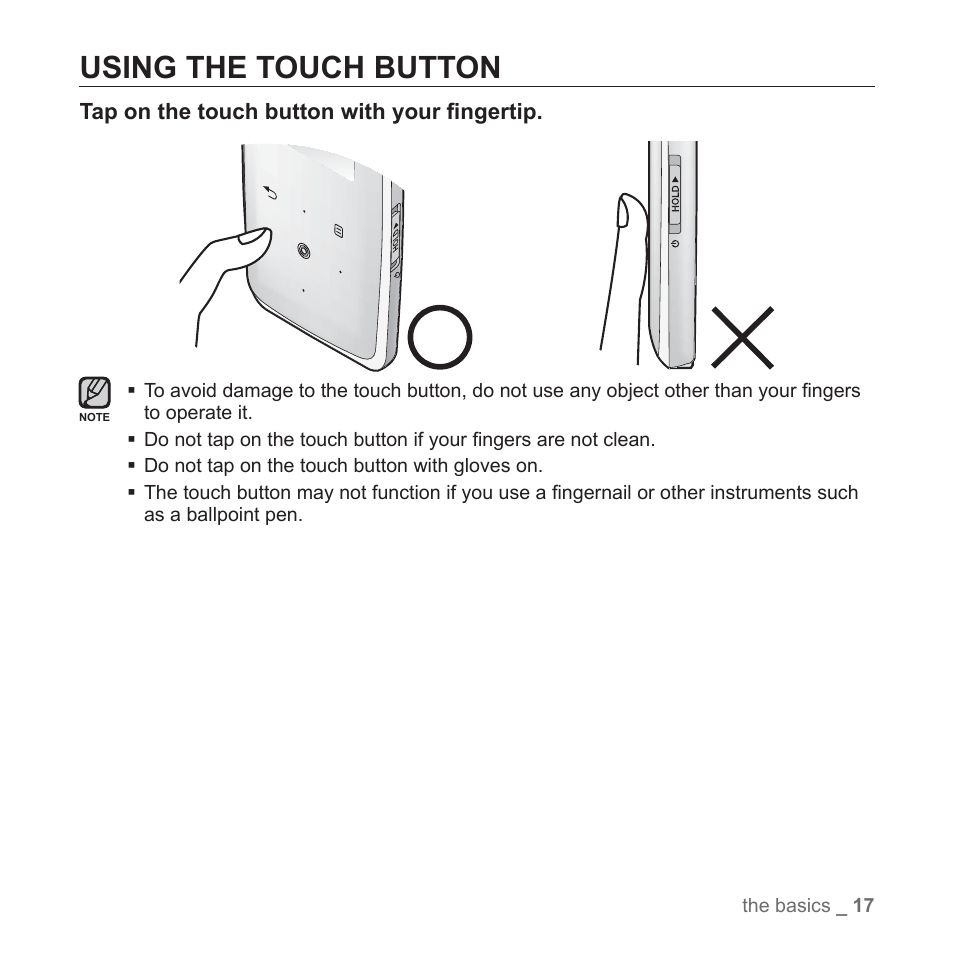 Using the touch button | Samsung YP-S3JARY-XAA User Manual | Page 17 / 92