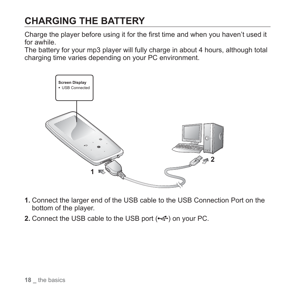 Charging the battery | Samsung YP-S3JARY-XAA User Manual | Page 18 / 92