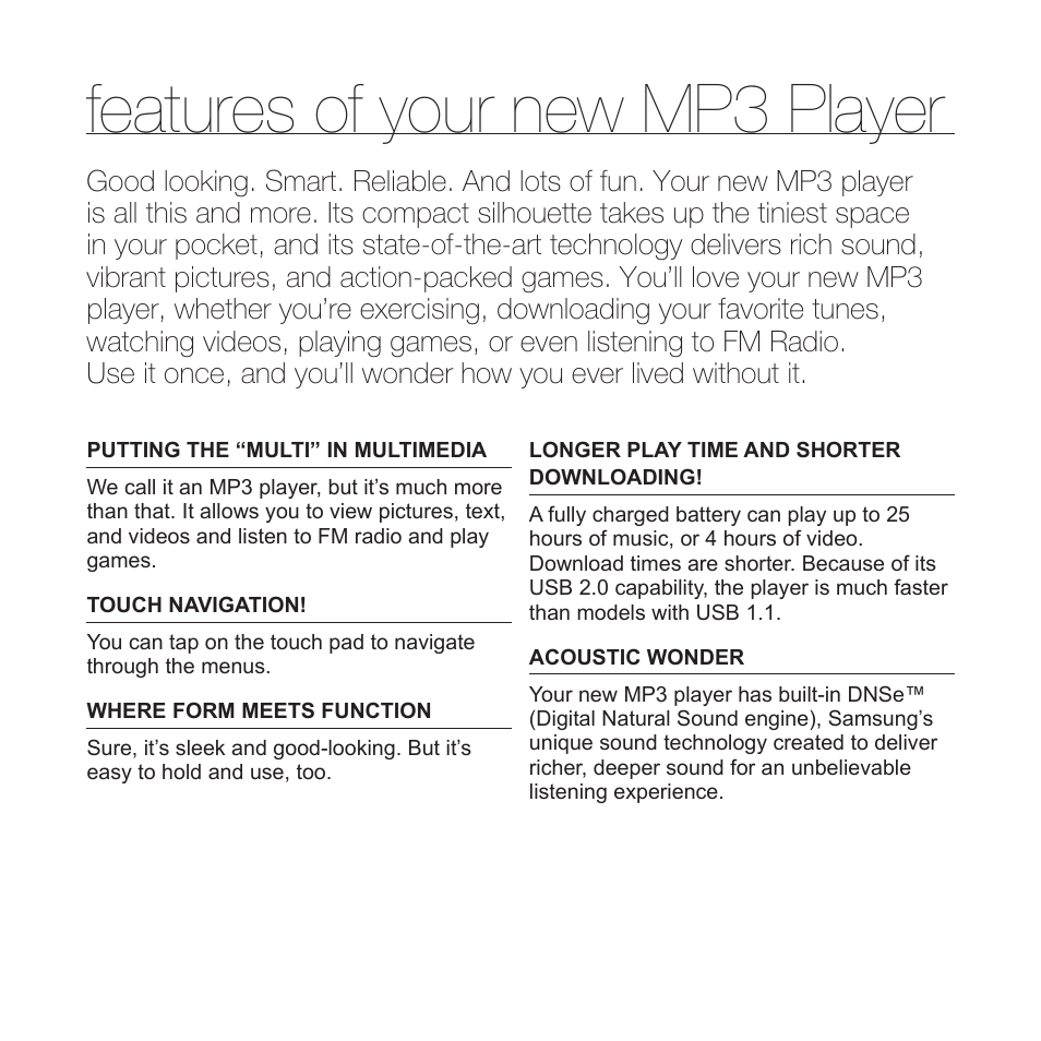 Features of your new mp3 player | Samsung YP-S3JARY-XAA User Manual | Page 2 / 92