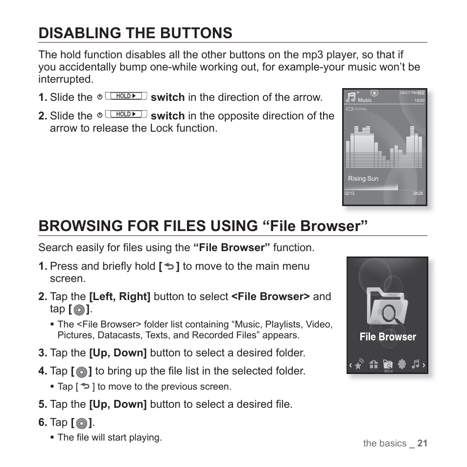 Disabling the buttons, Browsing for files using “file browser | Samsung YP-S3JARY-XAA User Manual | Page 21 / 92