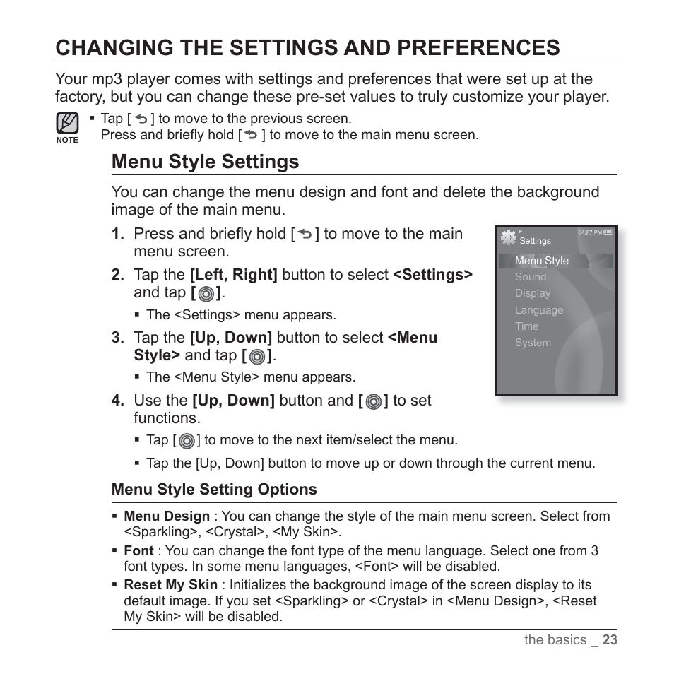 Changing the settings and preferences, Menu style settings | Samsung YP-S3JARY-XAA User Manual | Page 23 / 92