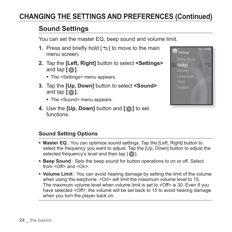 Changing the settings and preferences (continued), Sound settings | Samsung YP-S3JARY-XAA User Manual | Page 24 / 92