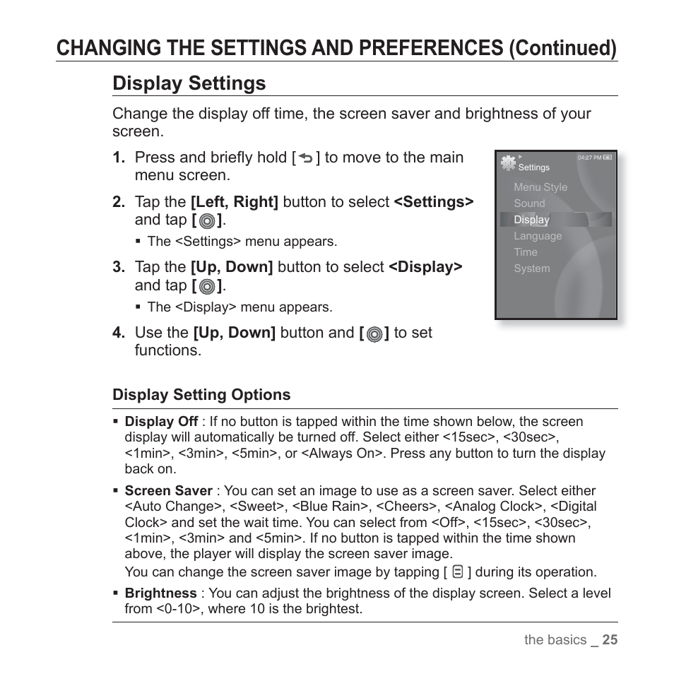 Changing the settings and preferences (continued), Display settings | Samsung YP-S3JARY-XAA User Manual | Page 25 / 92