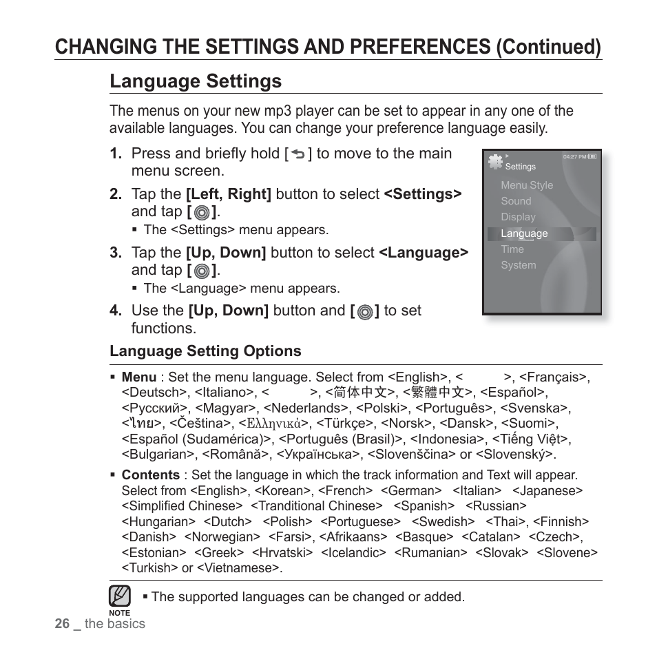 Changing the settings and preferences (continued), Language settings | Samsung YP-S3JARY-XAA User Manual | Page 26 / 92