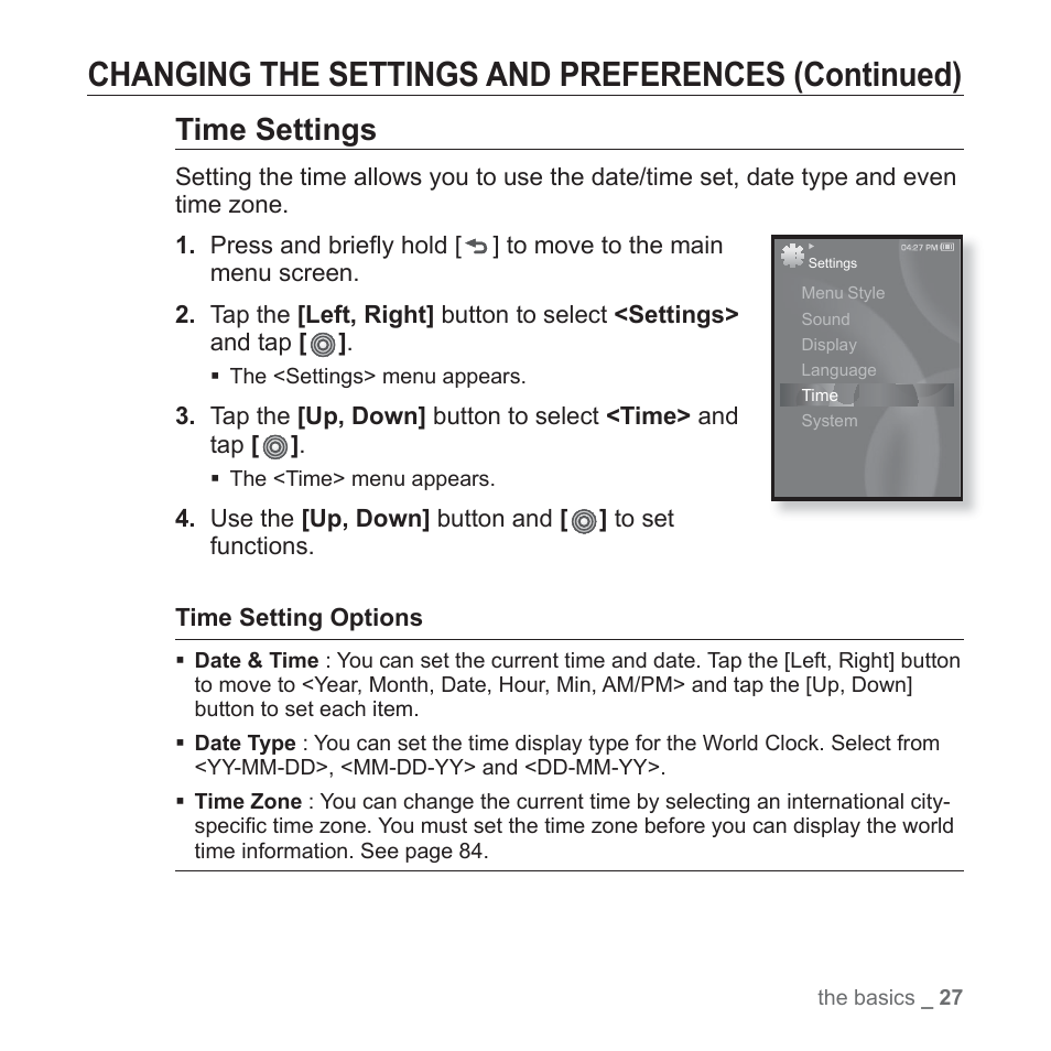 Changing the settings and preferences (continued), Time settings | Samsung YP-S3JARY-XAA User Manual | Page 27 / 92