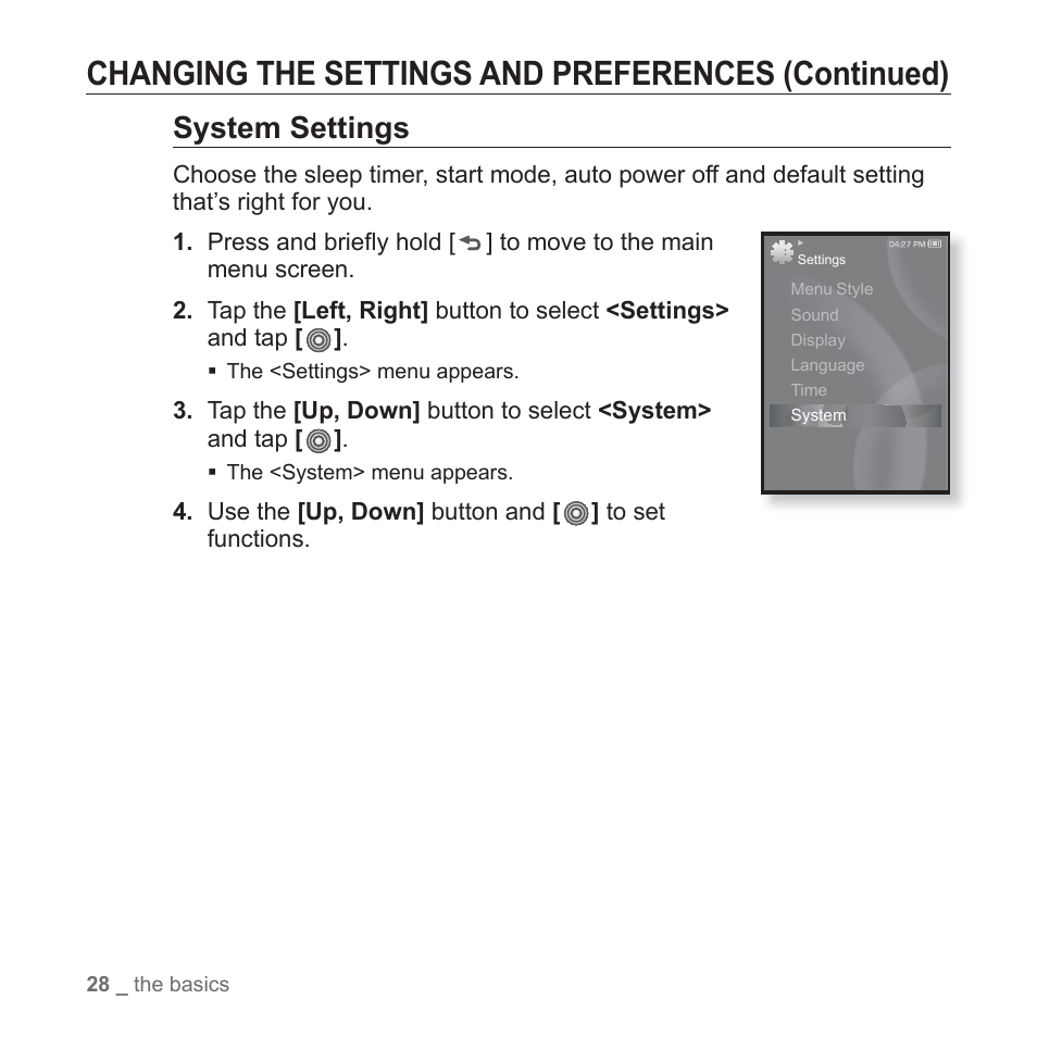 Changing the settings and preferences (continued), System settings | Samsung YP-S3JARY-XAA User Manual | Page 28 / 92