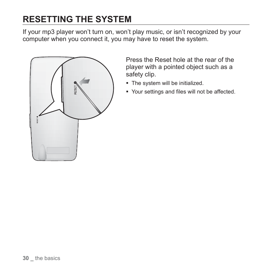 Resetting the system | Samsung YP-S3JARY-XAA User Manual | Page 30 / 92