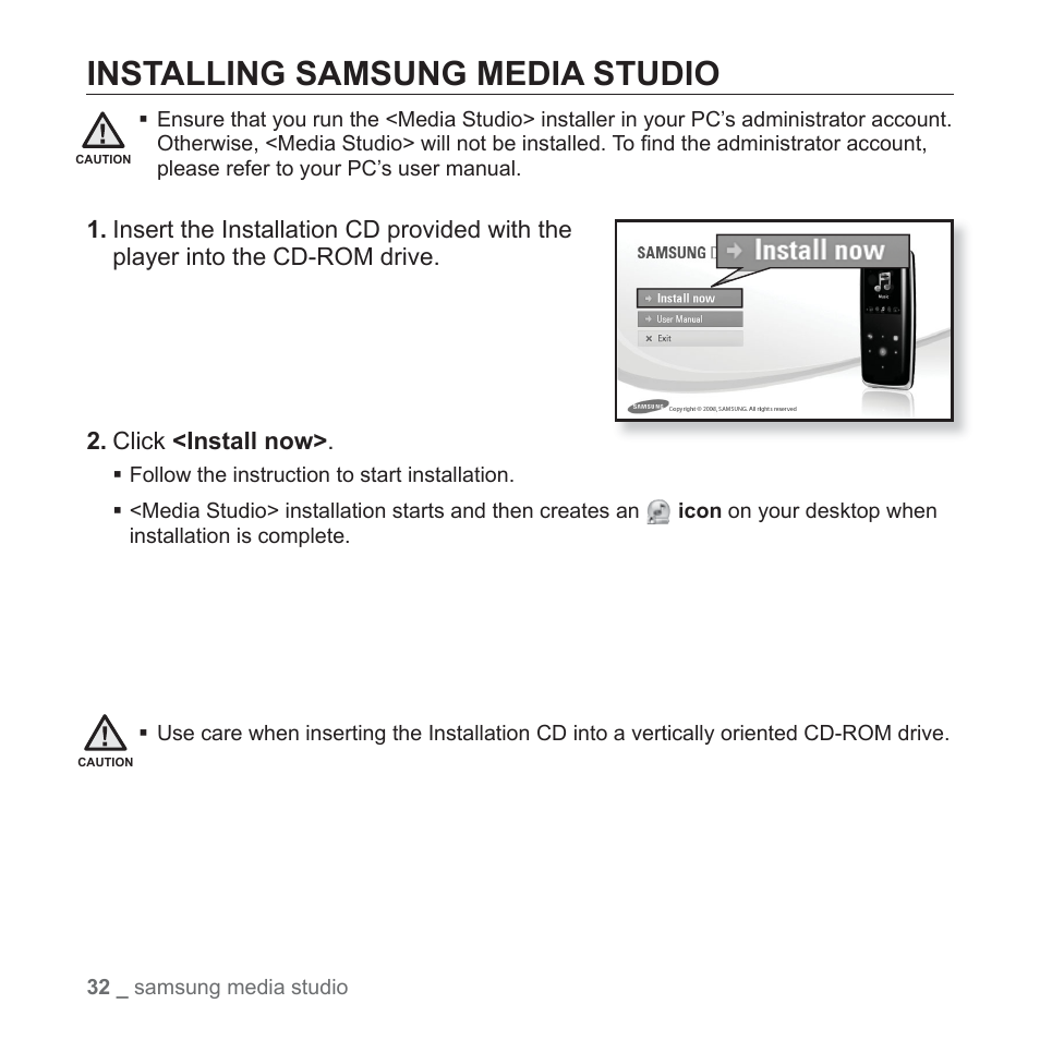 Installing samsung media studio | Samsung YP-S3JARY-XAA User Manual | Page 32 / 92