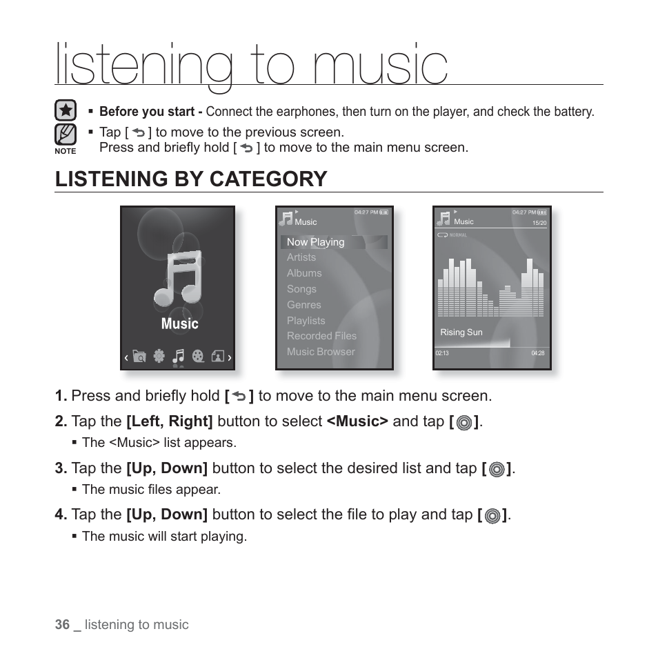 Listening to music, Listening by category | Samsung YP-S3JARY-XAA User Manual | Page 36 / 92