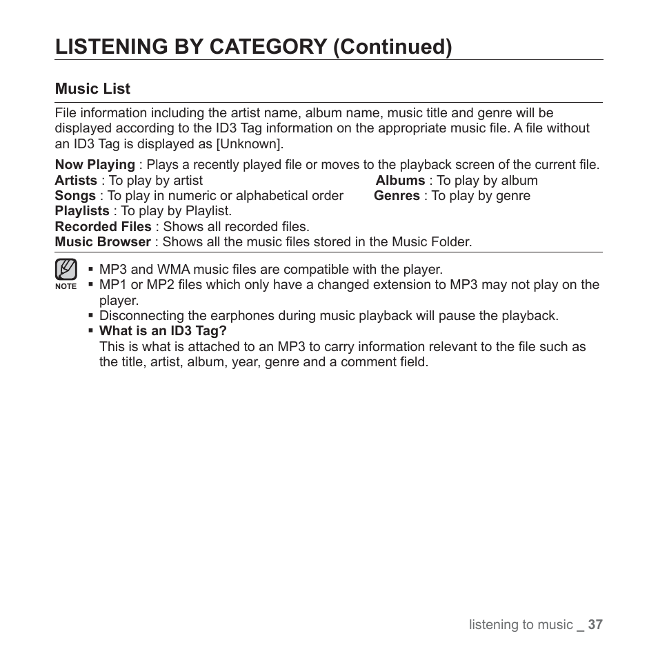 Listening by category (continued) | Samsung YP-S3JARY-XAA User Manual | Page 37 / 92