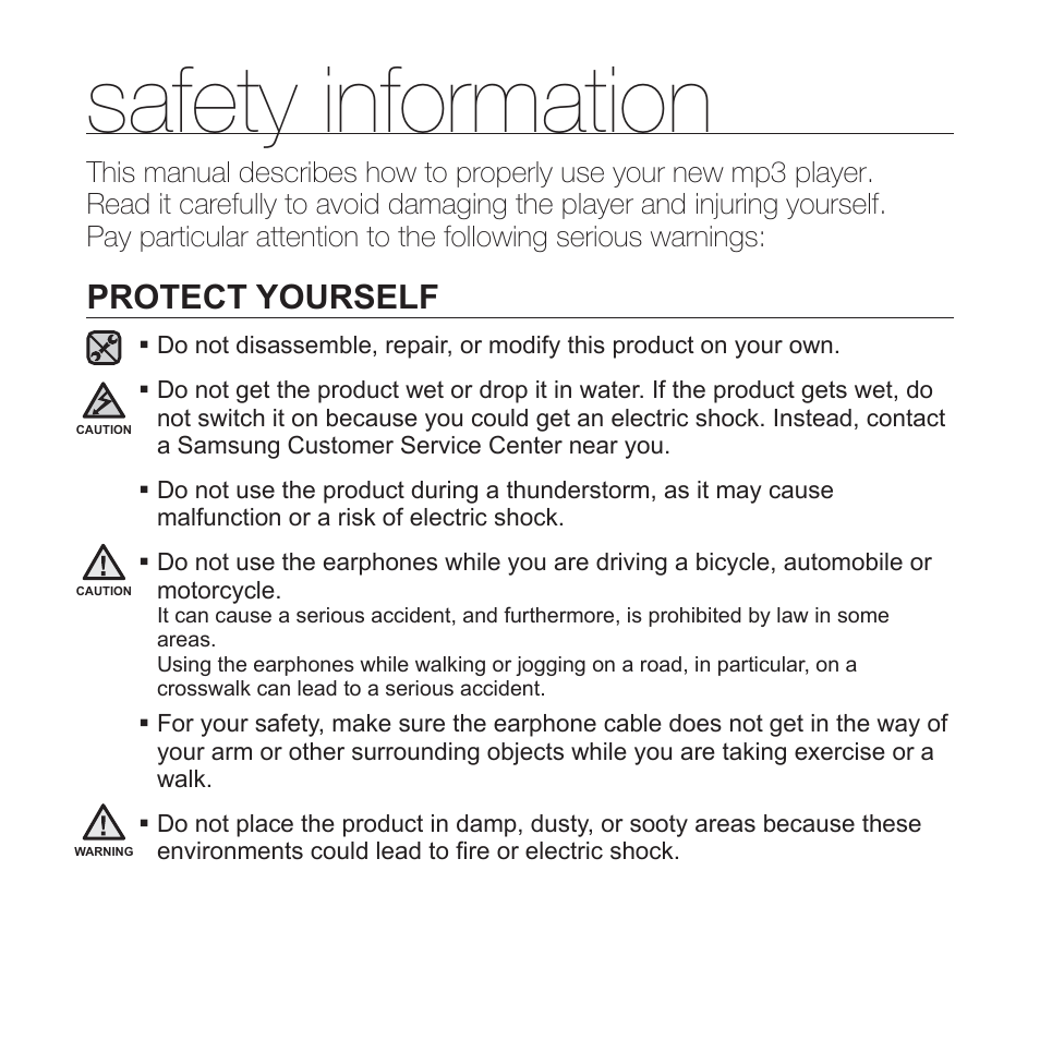 Safety information, Protect yourself | Samsung YP-S3JARY-XAA User Manual | Page 4 / 92