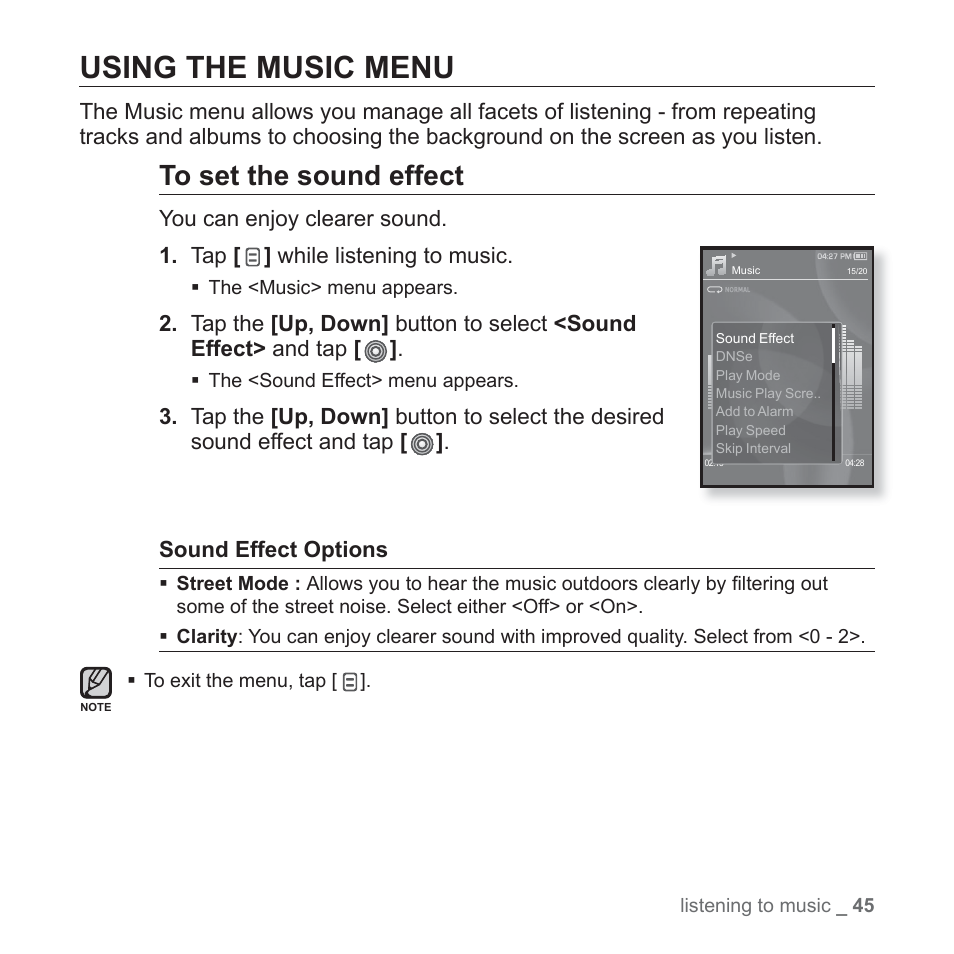 Using the music menu | Samsung YP-S3JARY-XAA User Manual | Page 45 / 92