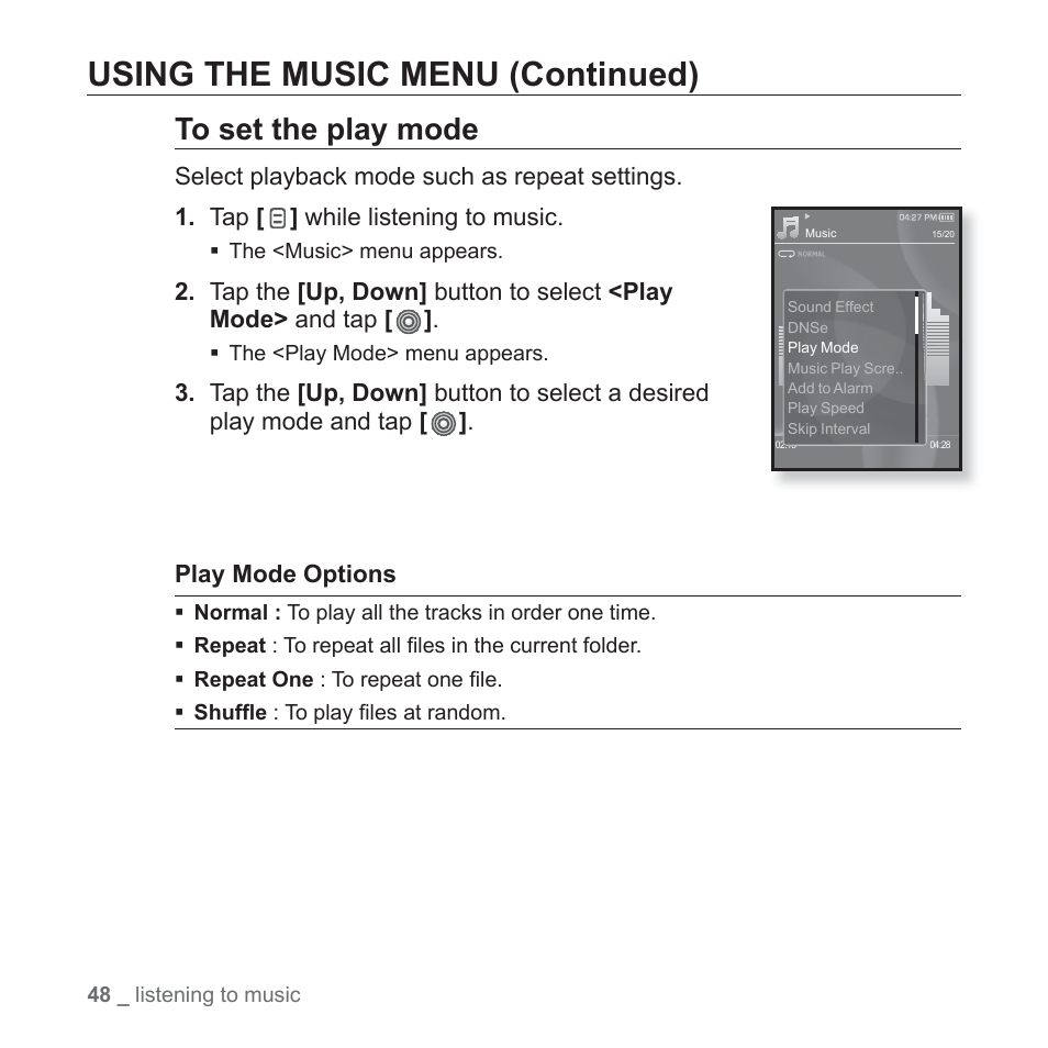 Using the music menu (continued) | Samsung YP-S3JARY-XAA User Manual | Page 48 / 92