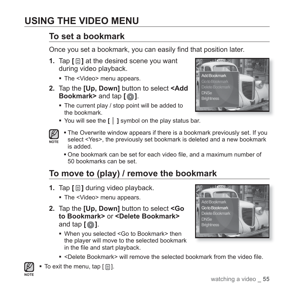 Using the video menu | Samsung YP-S3JARY-XAA User Manual | Page 55 / 92