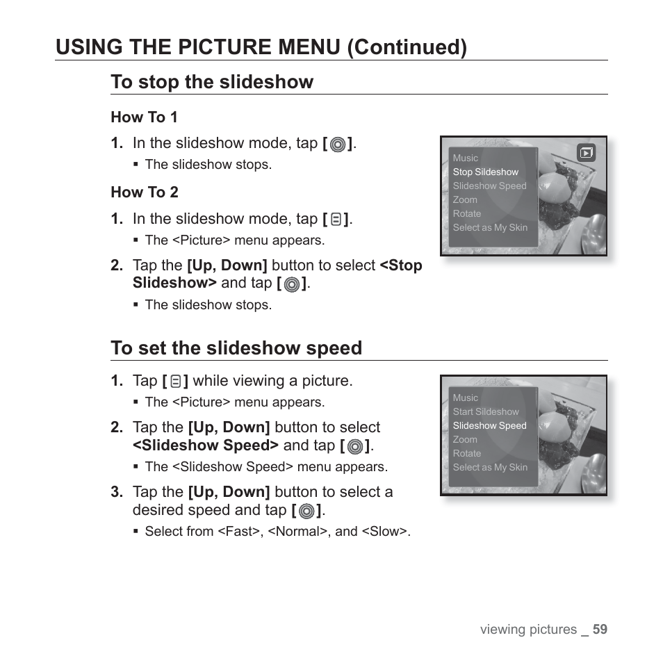 Using the picture menu (continued) | Samsung YP-S3JARY-XAA User Manual | Page 59 / 92