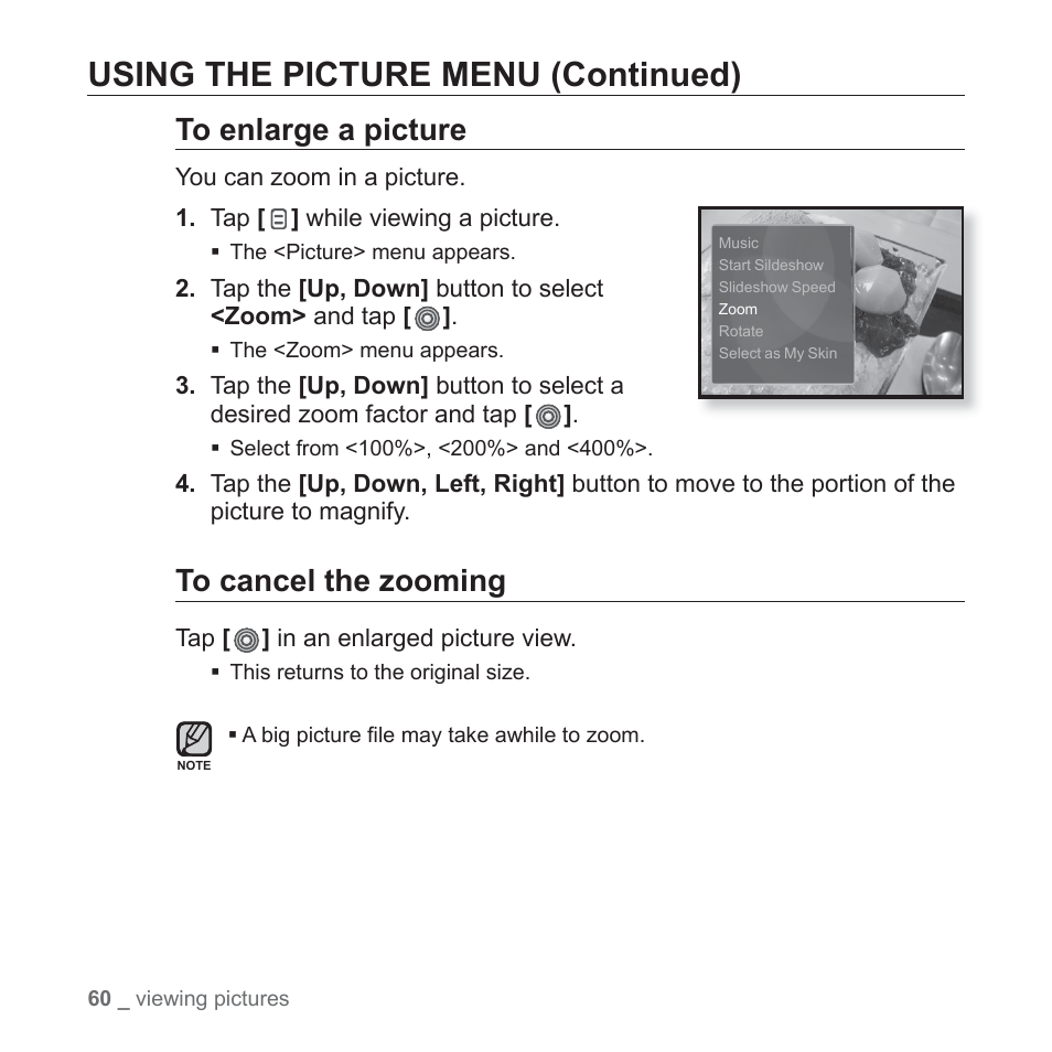 Using the picture menu (continued) | Samsung YP-S3JARY-XAA User Manual | Page 60 / 92