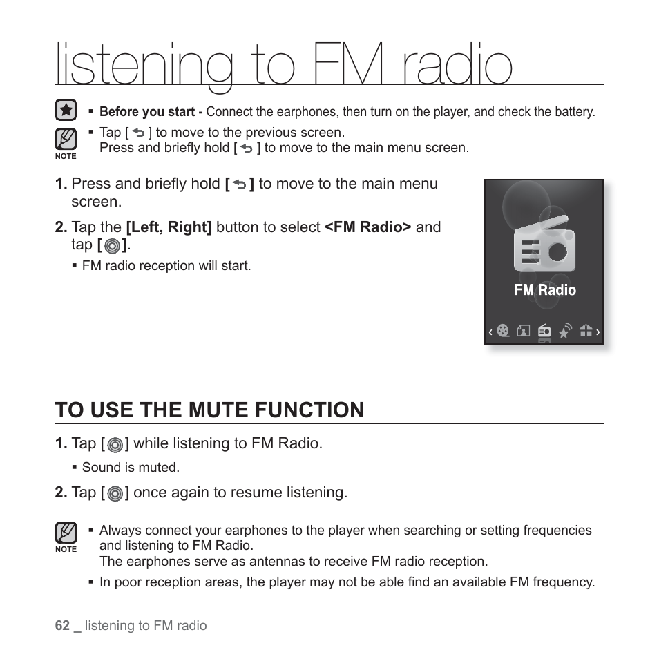 Listening to fm radio, To use the mute function | Samsung YP-S3JARY-XAA User Manual | Page 62 / 92