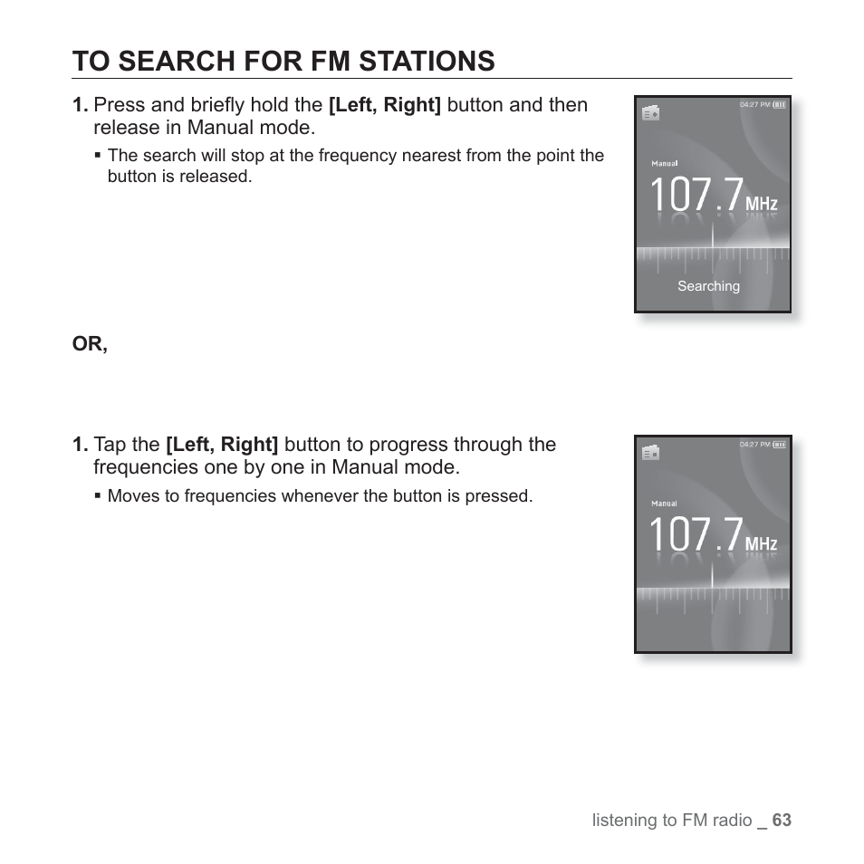 To search for fm stations | Samsung YP-S3JARY-XAA User Manual | Page 63 / 92