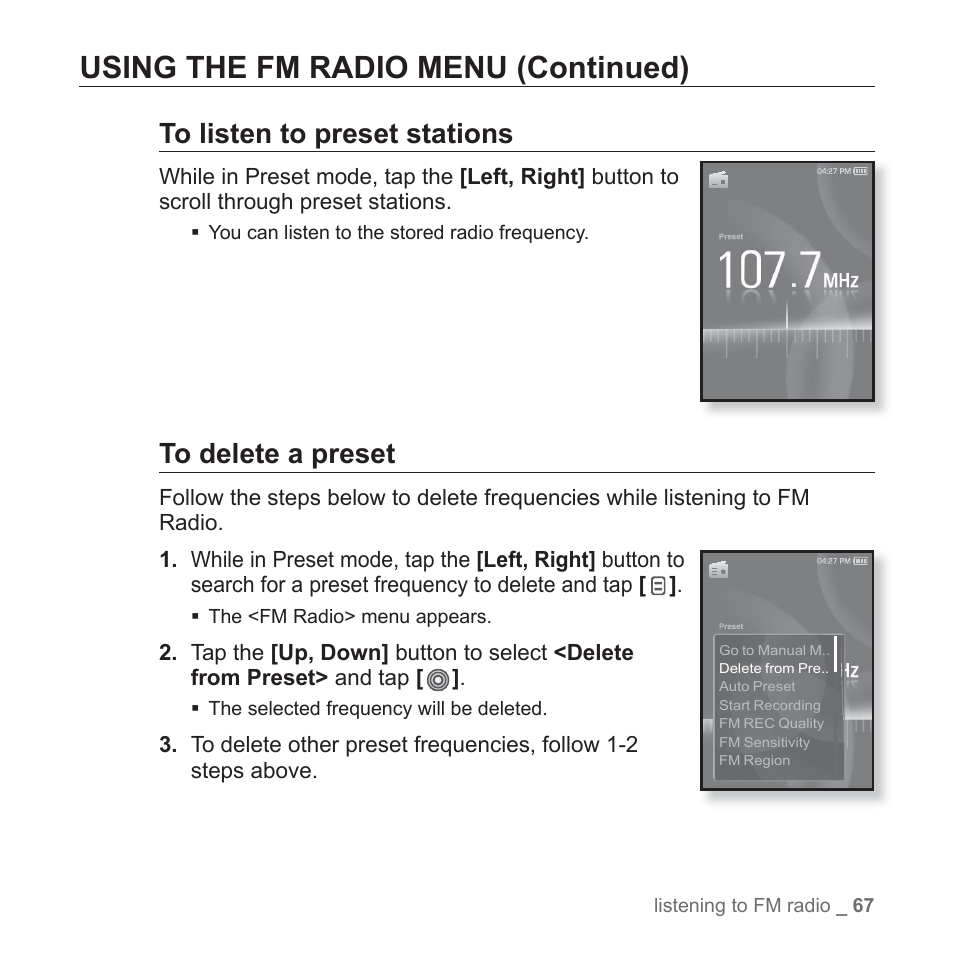 Using the fm radio menu (continued) | Samsung YP-S3JARY-XAA User Manual | Page 67 / 92