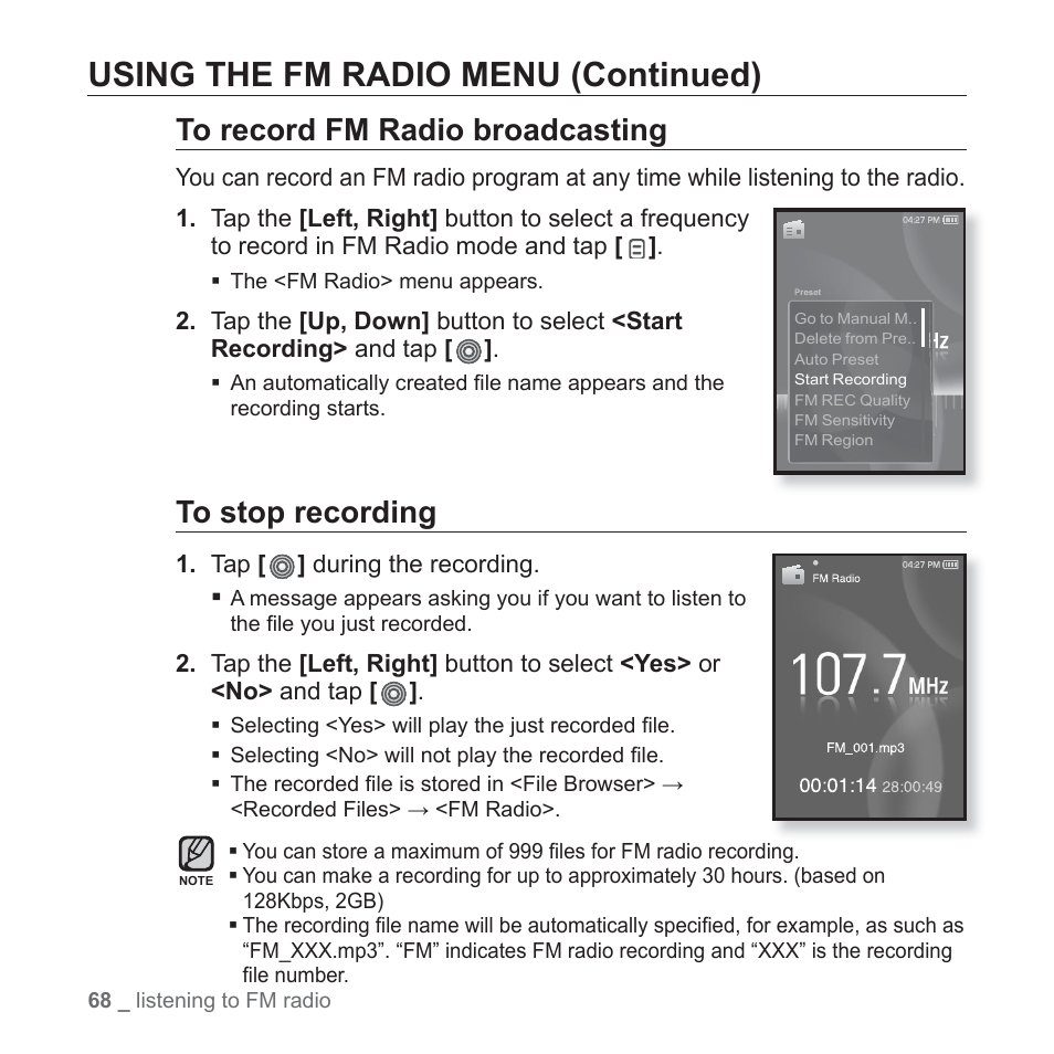 Using the fm radio menu (continued) | Samsung YP-S3JARY-XAA User Manual | Page 68 / 92