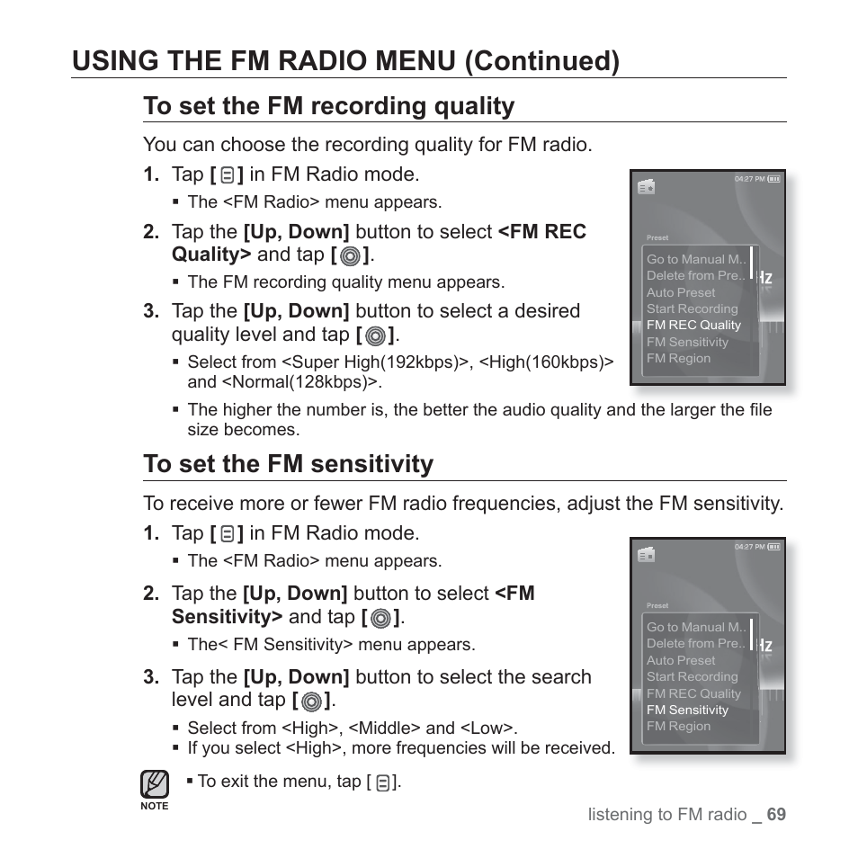 Using the fm radio menu (continued) | Samsung YP-S3JARY-XAA User Manual | Page 69 / 92