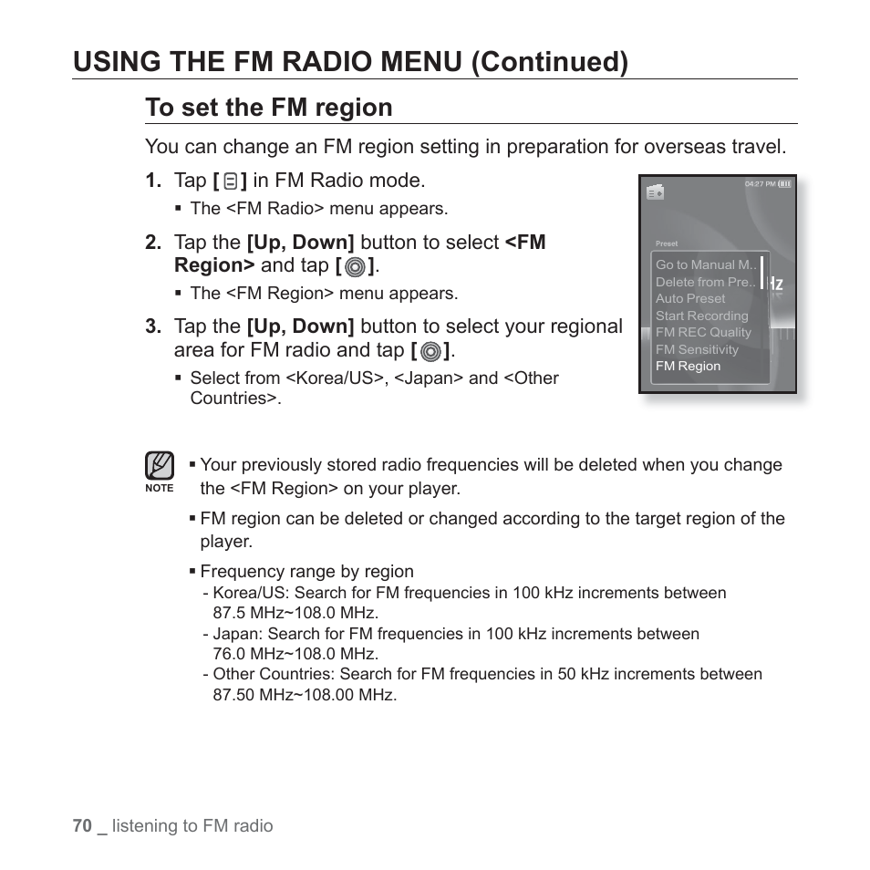 Using the fm radio menu (continued) | Samsung YP-S3JARY-XAA User Manual | Page 70 / 92