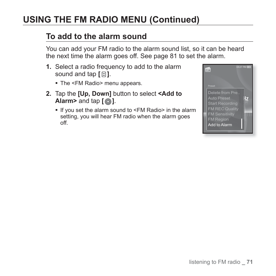 Using the fm radio menu (continued) | Samsung YP-S3JARY-XAA User Manual | Page 71 / 92