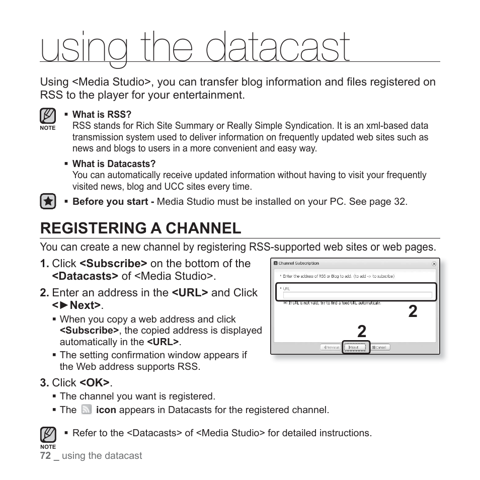 Using the datacast, Registering a channel | Samsung YP-S3JARY-XAA User Manual | Page 72 / 92