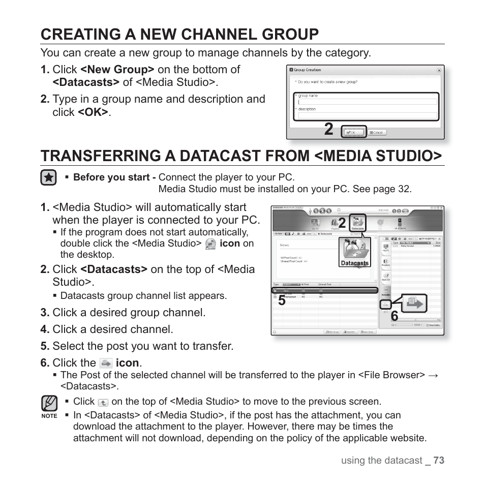 Creating a new channel group, Transferring a datacast from <media studio | Samsung YP-S3JARY-XAA User Manual | Page 73 / 92