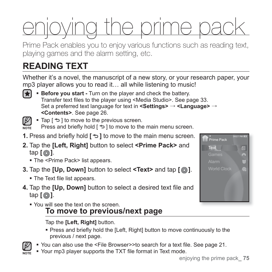 Enjoying the prime pack, Reading text | Samsung YP-S3JARY-XAA User Manual | Page 75 / 92