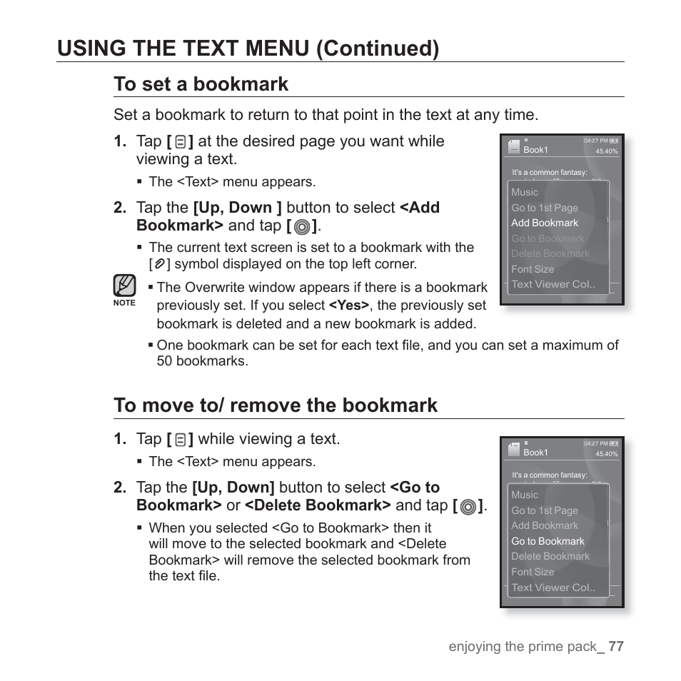 Using the text menu (continued), Tap [ ] while viewing a text | Samsung YP-S3JARY-XAA User Manual | Page 77 / 92