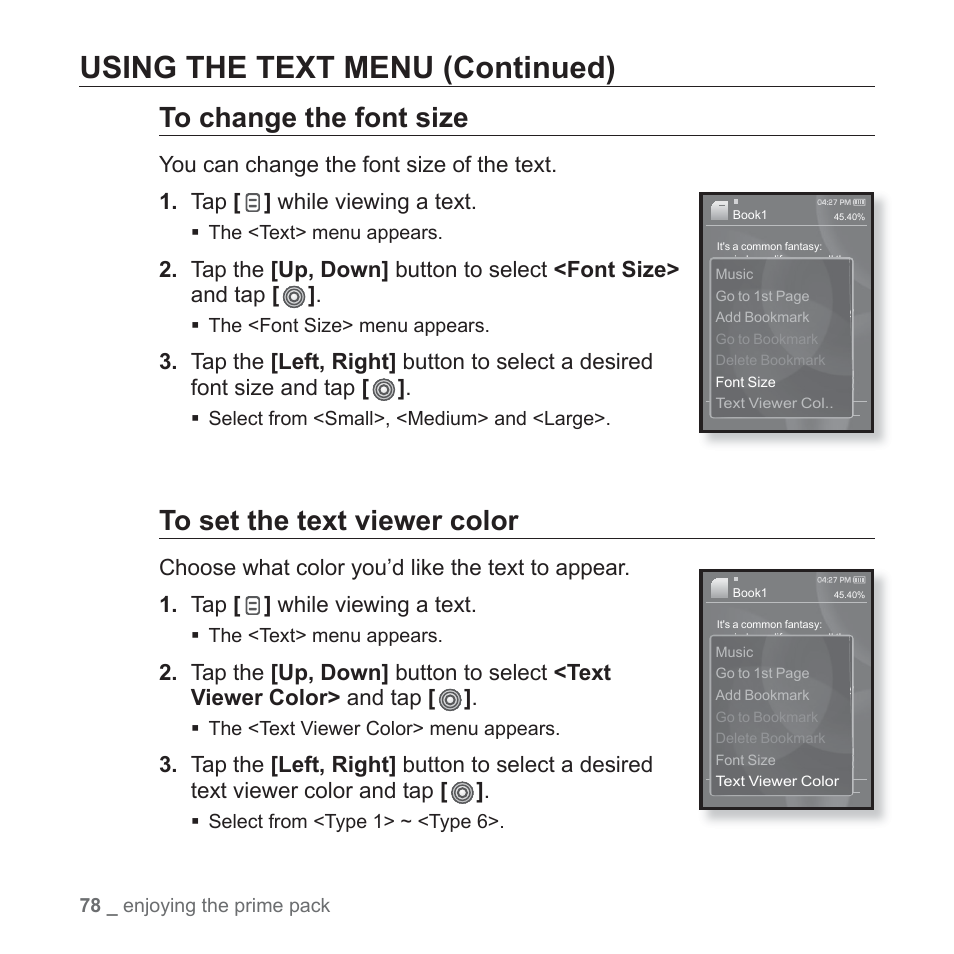 Using the text menu (continued) | Samsung YP-S3JARY-XAA User Manual | Page 78 / 92