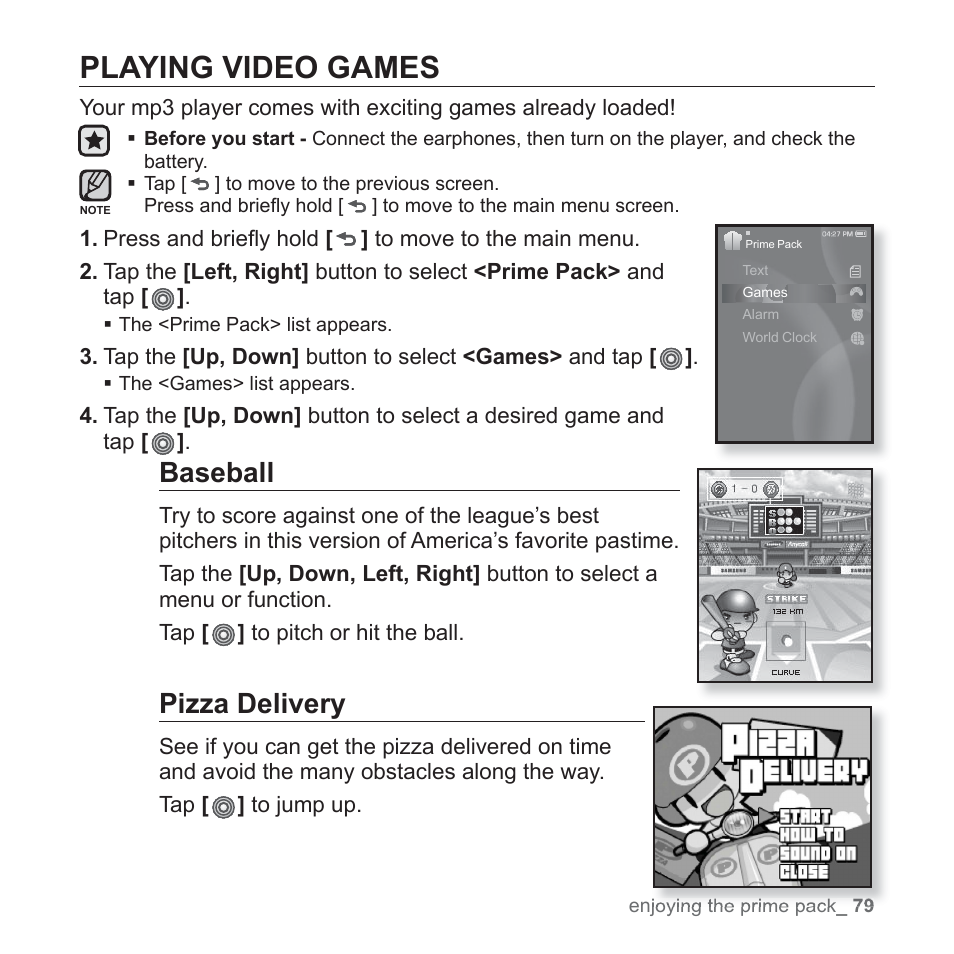 Playing video games, Baseball, Pizza delivery | Samsung YP-S3JARY-XAA User Manual | Page 79 / 92