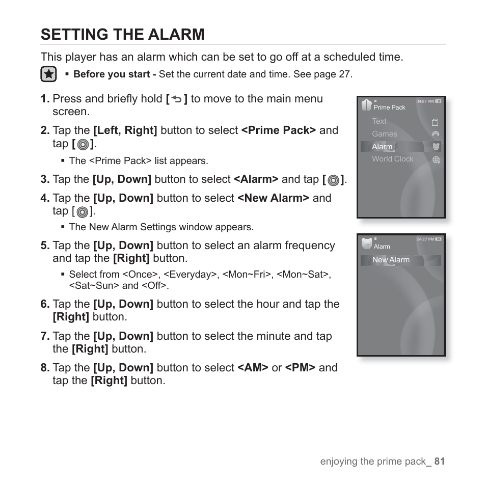 Setting the alarm | Samsung YP-S3JARY-XAA User Manual | Page 81 / 92