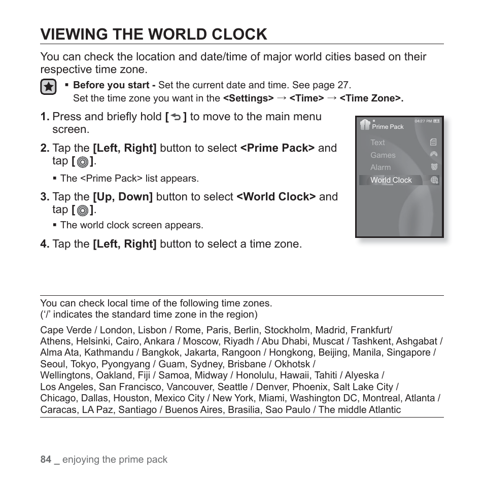 Viewing the world clock | Samsung YP-S3JARY-XAA User Manual | Page 84 / 92