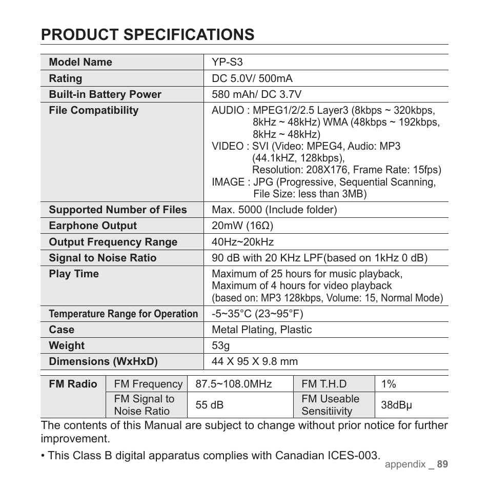 Product specifications | Samsung YP-S3JARY-XAA User Manual | Page 89 / 92