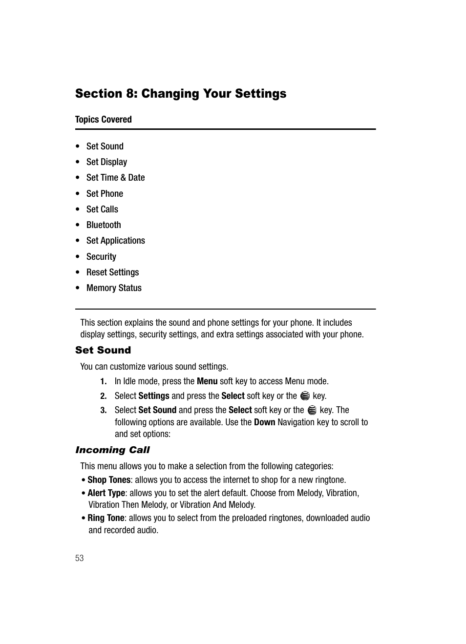 Section 8: changing your settings, Set sound | Samsung SGH-A437DAAATT User Manual | Page 56 / 117